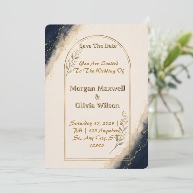 Convite Casamento Arco Dourado Marfim Marinha (Em pé/Frente)