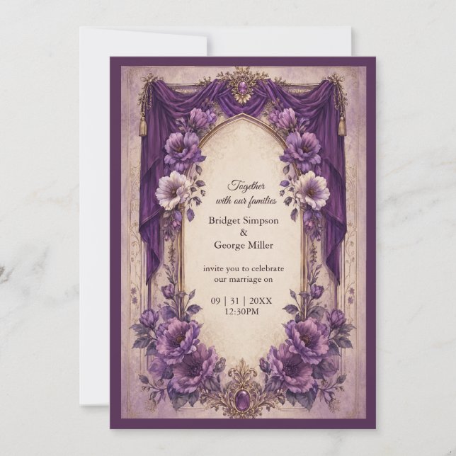 Convite Casamento Arco Drapado Roxo Gótico Medieval (Frente)