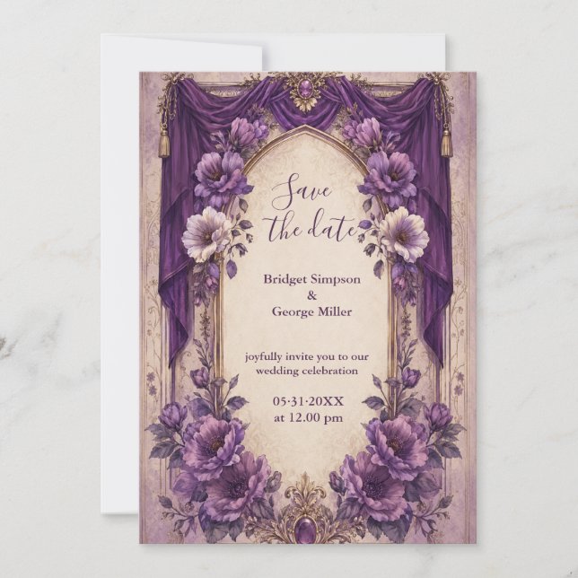 Convite Casamento Arco Drapado Roxo Gótico Medieval (Frente)