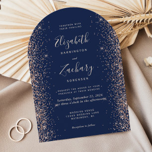 Convite Casamento Arco Glitter Azul Naval Moderno Pêssego