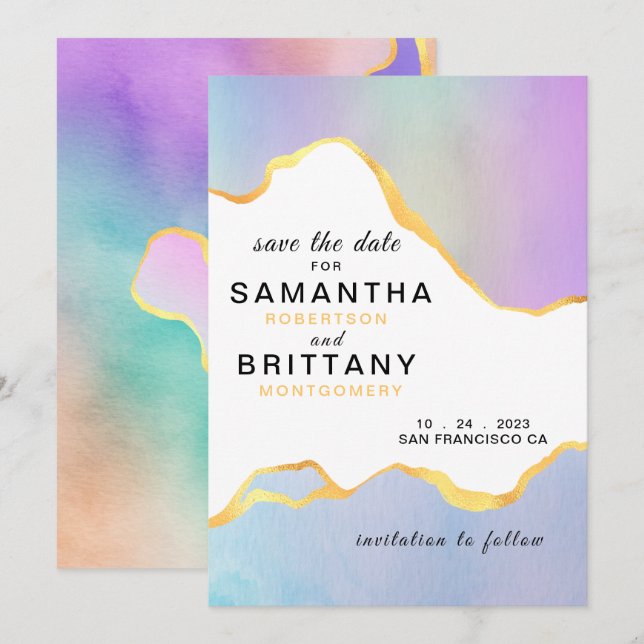 Convite Casamento Arco-Íris LGBT Aquarela Gold Save the Da (Frente/Verso)