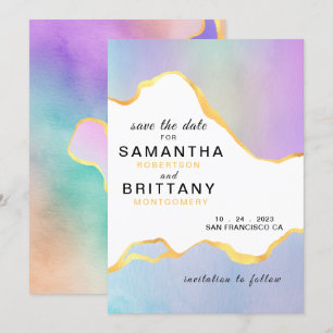 Convite Casamento Arco-Íris LGBT Aquarela Gold Save the Da