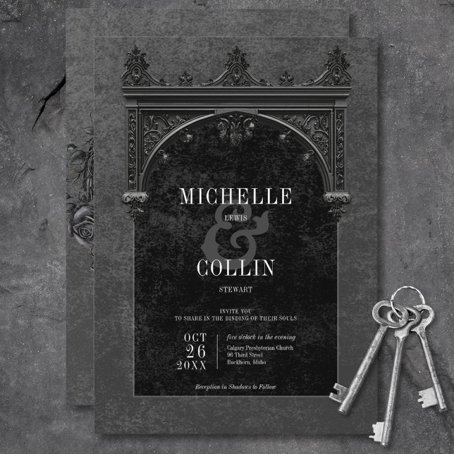 Convite Casamento Arco Preto Gótico e Rosas Negras (Gothic Black Arch & Black Roses Wedding Invitation)