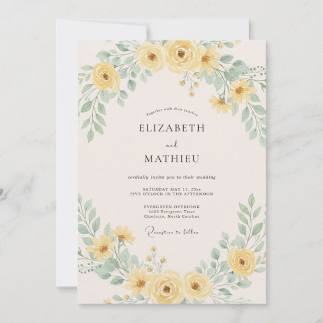 Convite Casamento Arejado de Verão com Amarelo Limão (Frente)