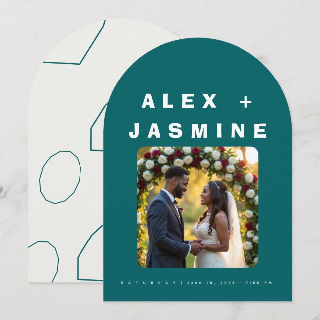 Convite Casamento Arqueado Azul Turquesa Transformador Mod (Frente/Verso)