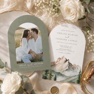 Convite Casamento Arqueado Boho Aquarela Montanha