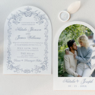 Convite Casamento Arqueado Clássico Vintage Azul Poeirento