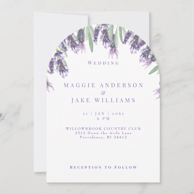 Convite Casamento Arqueado com Aquarela Lavanda (Frente)