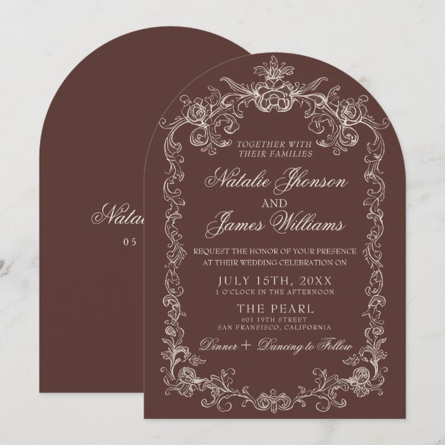 Convite Casamento Arqueado de Chocolate Marrom Antigo (Frente/Verso)
