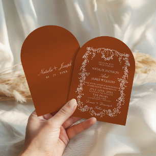 Convite Casamento Arqueado de Terracota Floral Boho Laranj