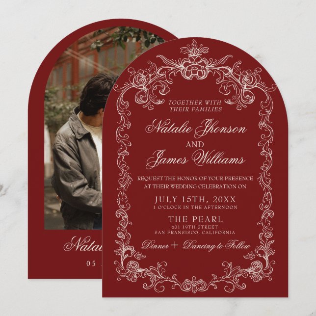 Convite Casamento Arqueado Foto em Borgonha Antiga (Frente/Verso)
