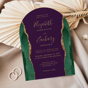 Convite Casamento Arqueado Roxo Esmeralda Verde Dourado Ág