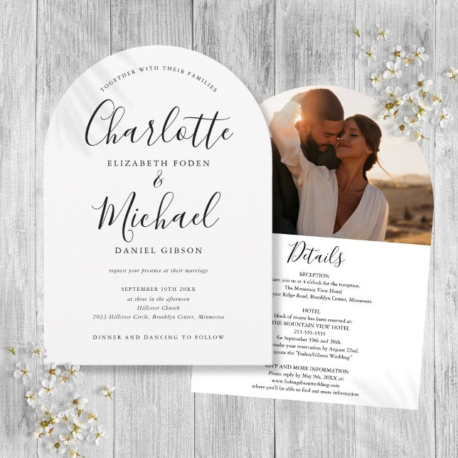 Convite Casamento Arquivo de Foto Preto e Branco Tudo em U (Black And White All In One Photo Arch Wedding Invitation)