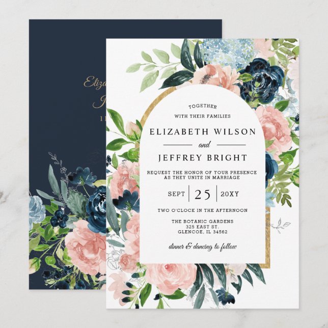 Convite Casamento Arranhado Floral Dourado com Blush de Ma (Frente/Verso)