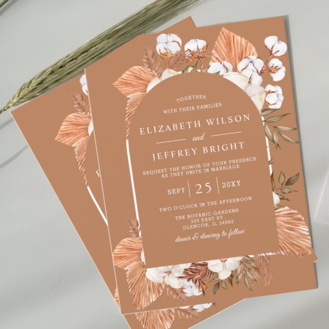 Convite Casamento Arranjado Rustic Terracotta Boho Pampas (Criador carregado)