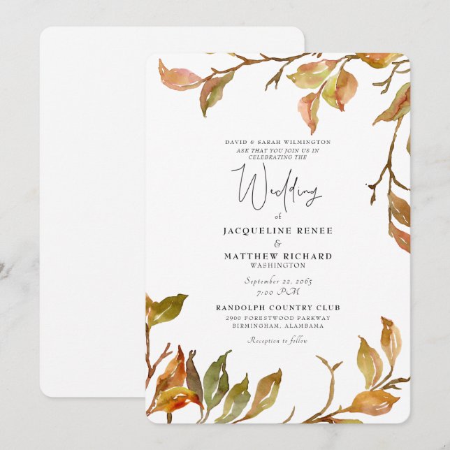 Convite Casamento Arredondado Simples & Elegante com Folha (Frente/Verso)