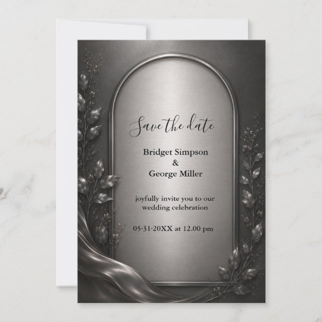Convite Casamento Art Déco com Arco de Metal Cinza Escuro  (Frente)