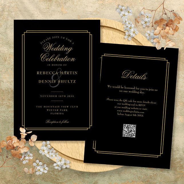 Convite Casamento Art Déco com Código QR em Script Preto e (Black and Gold Script QR Code Art Deco Wedding Invitation)