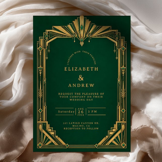 Convite Casamento Art Déco com Ouro Esmeralda (Criador carregado)