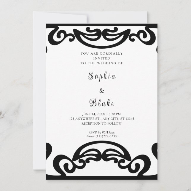 Convite Casamento Art Déco de Luxo Preto e Branco (Frente)