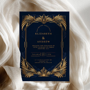 Convite Casamento Art Déco Dourado Naval
