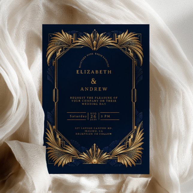 Convite Casamento Art Déco Dourado Naval (Criador carregado)