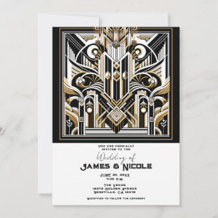 Convite Casamento Art Déco Dourado Preto Branco dos Anos 2