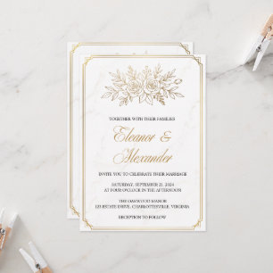 Convite Casamento Art Déco Elegante em Marfim e Dourado