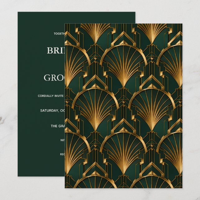 Convite Casamento Art Déco Elegante Esmeralda e Ouro (Frente/Verso)