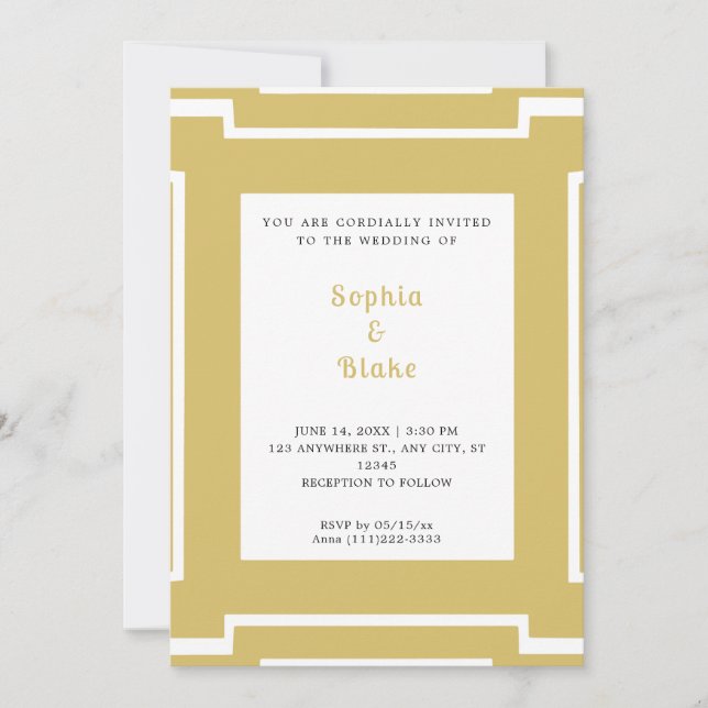 Convite Casamento Art Déco em Dourado e Branco Ousado (Frente)