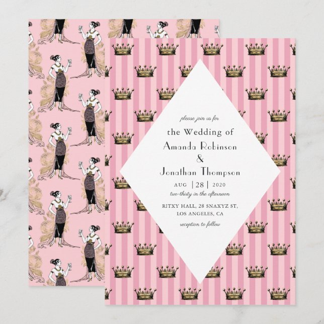 Convite Casamento Art Déco em Paris com Rosa e Dourado (Frente/Verso)