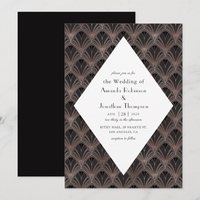 Convite Casamento Art Déco em Rosa Dourado e Preto (Frente/Verso)