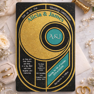 Convite Casamento Art Deco Glam Dourado & Azul Turquesa Gr