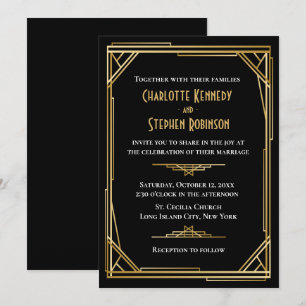 Convite Casamento Art Déco Grandioso Gatsby Elegante Preto