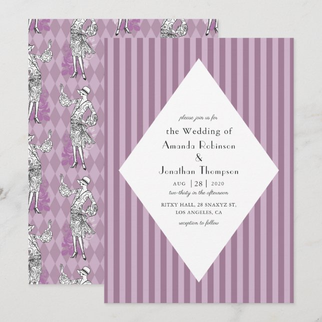 Convite Casamento Art Déco Paris Rosa e Roxo (Frente/Verso)