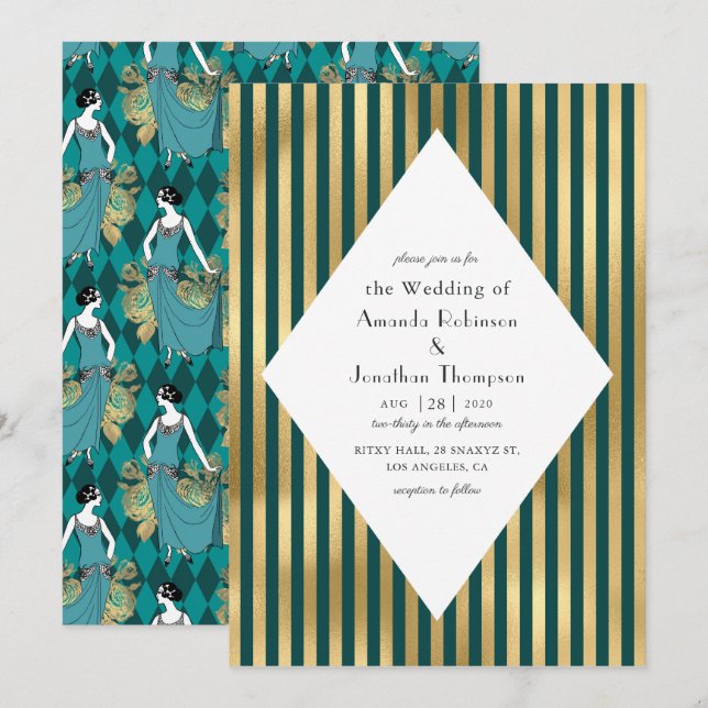 Convite Casamento Art Déco Paris Turquesa e Dourado (Frente/Verso)
