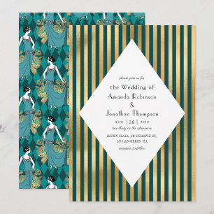Convite Casamento Art Déco Paris Turquesa e Dourado