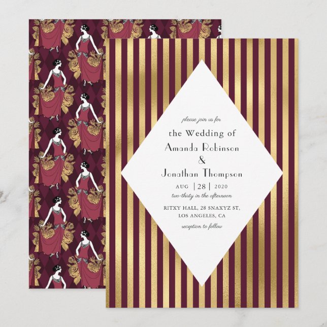 Convite Casamento Art Déco Paris Vermelho Borgonha e Doura (Frente/Verso)
