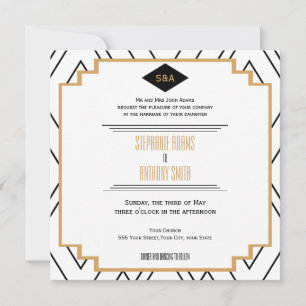 Convite Casamento Art Déco Preto, Dourado e Branco com Mon