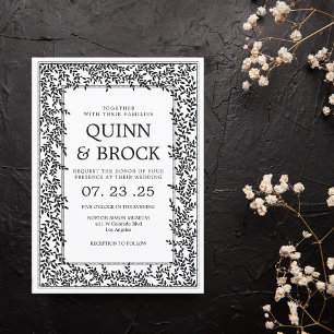 Convite Casamento Art Déco Preto e Branco com Folhagem