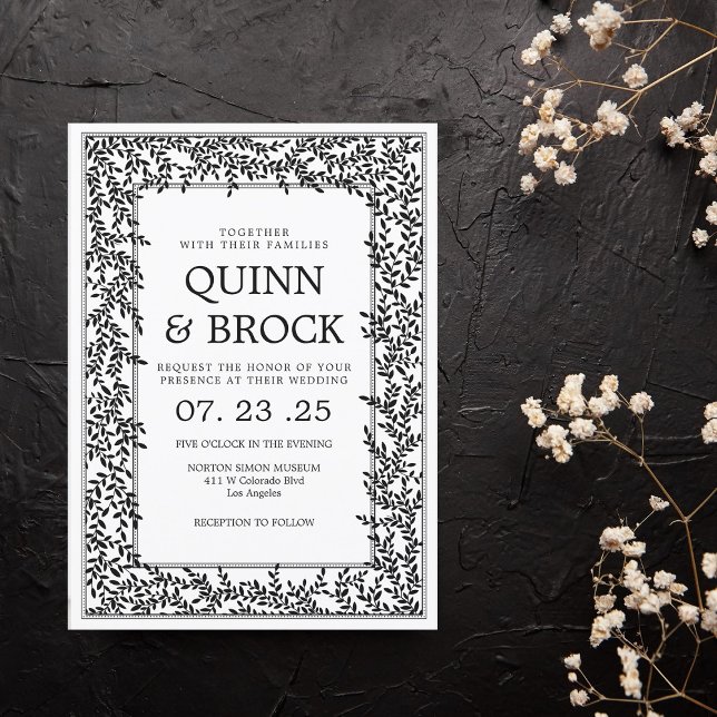 Convite Casamento Art Déco Preto e Branco com Folhagem (Criador carregado)