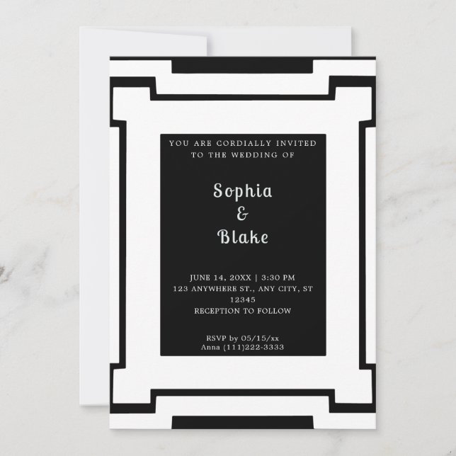 Convite Casamento Art Déco Preto e Branco Ousado (Frente)