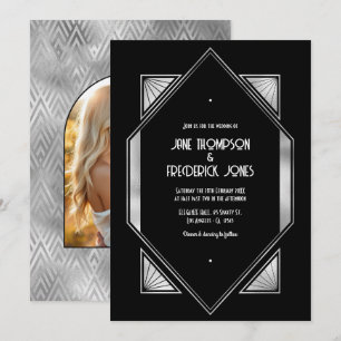 Convite Casamento Art Déco Preto e Prata Moderno Gatsby