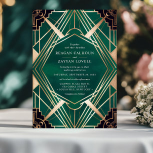 Convite Casamento Art Déco Verde Esmeralda e Dourado