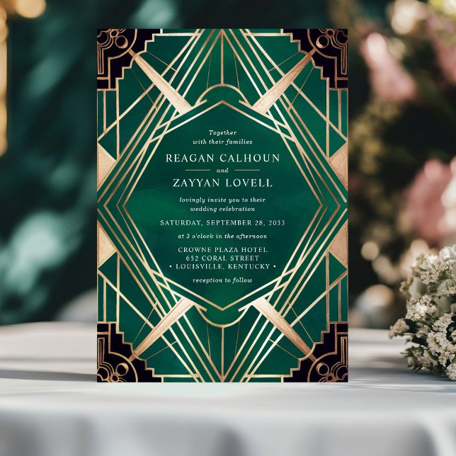 Convite Casamento Art Déco Verde Esmeralda e Dourado (Criador carregado)