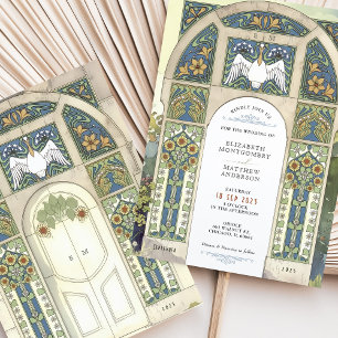 Convite Casamento Art Nouveau Azul, Dourado, Arco Verde