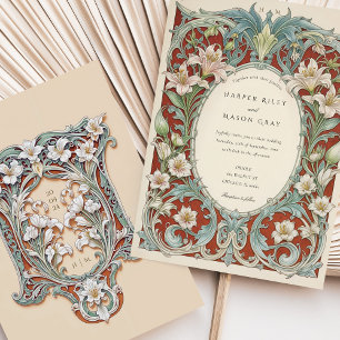 Convite Casamento Art Nouveau com Lírios Brancos Luxuosos