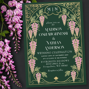 Convite Casamento Art Nouveau Dourado com Wisteria Rosa