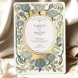 Convite Casamento Art Nouveau em Azul Desbotado e Rosas Do