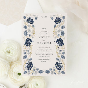 Convite Casamento Art Nouveau Floral Azul Naval Dourado